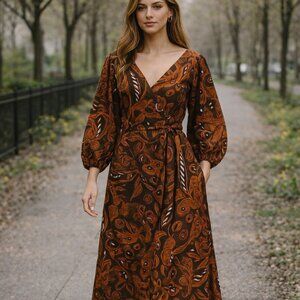Mara Hoffman Maxi Dress Agnella Wrap Belted Floral Boho Tencel Brown Black NWOT